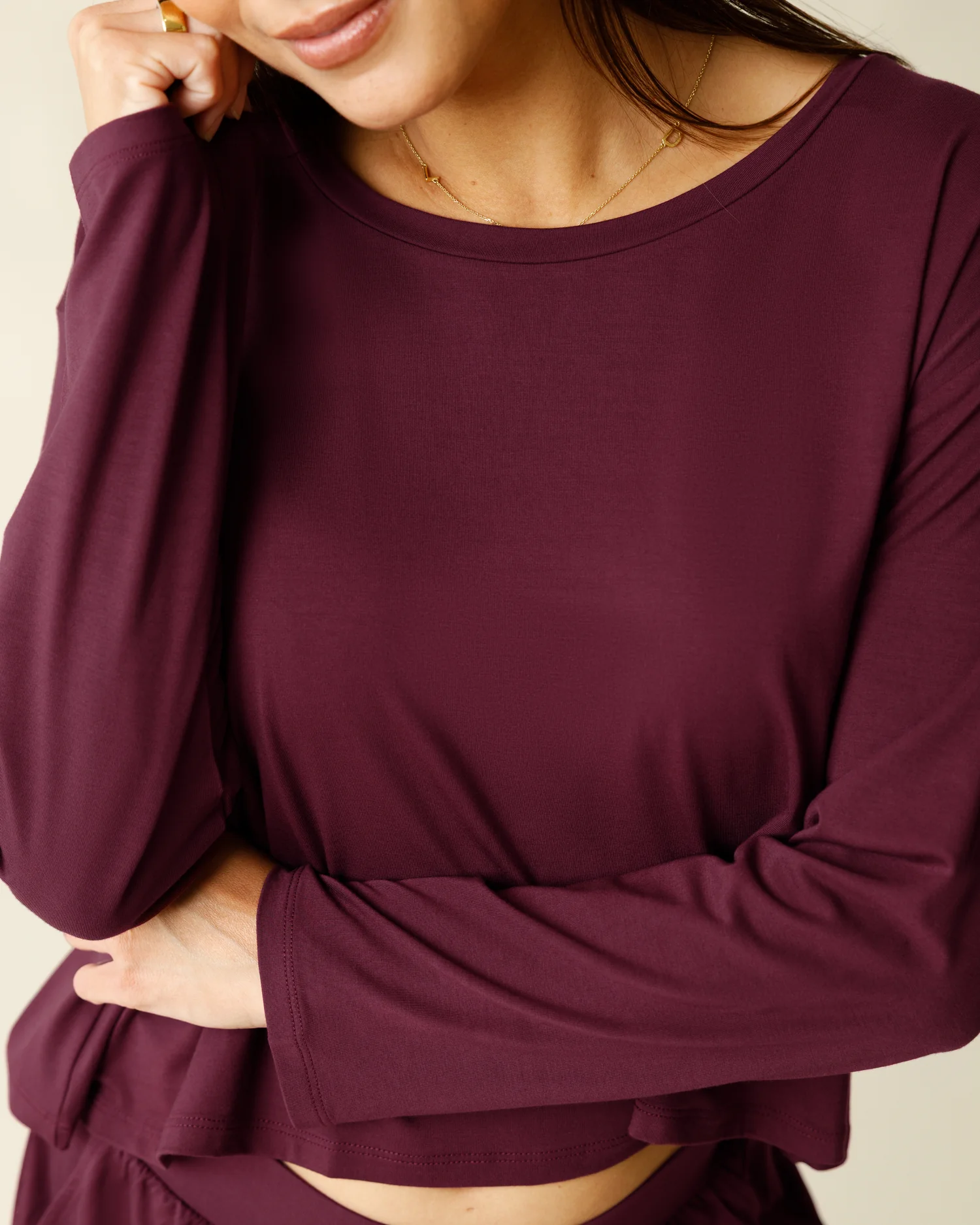 Aria Bamboo Casual Cropped Long Sleeve Top | Deep Burgundy - Image 2