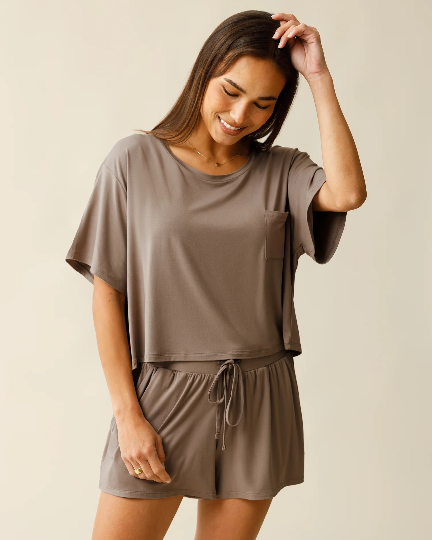 Aria Bamboo Casual Cropped Short Sleeve Top | Taupe - Image 4