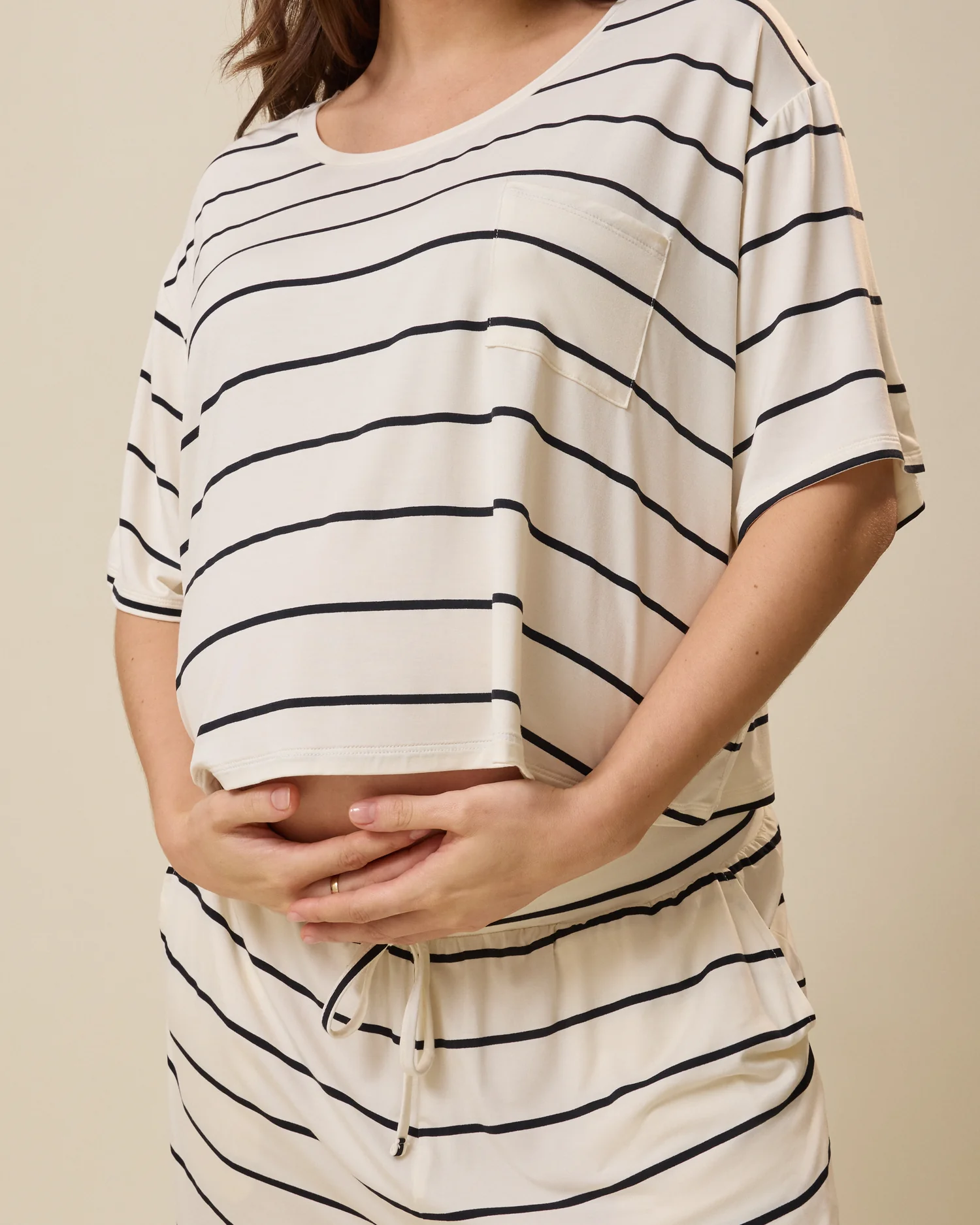 Aria Bamboo Casual Cropped Short Sleeve Top | White & Black Stripe - Image 3