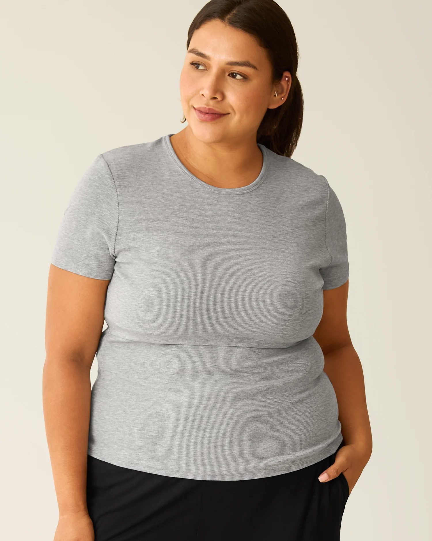 Ribbed Bamboo Crew Neck Nursing T-shirt | Grey Heather - Image 5