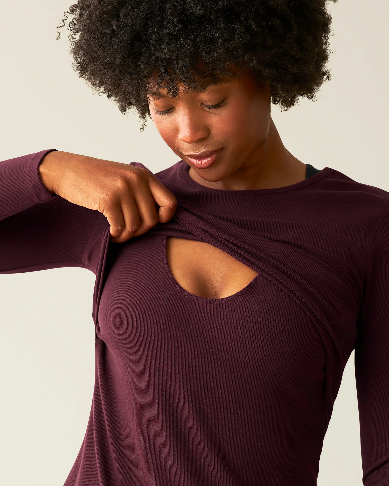 Ribbed Bamboo Long Sleeve Nursing T-shirt | Deep Burgundy - Image 2